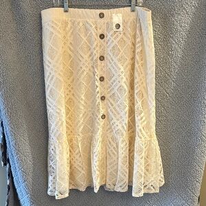 Cato Cream Lace Button-Front Midi Skirt with Ruffle Hem